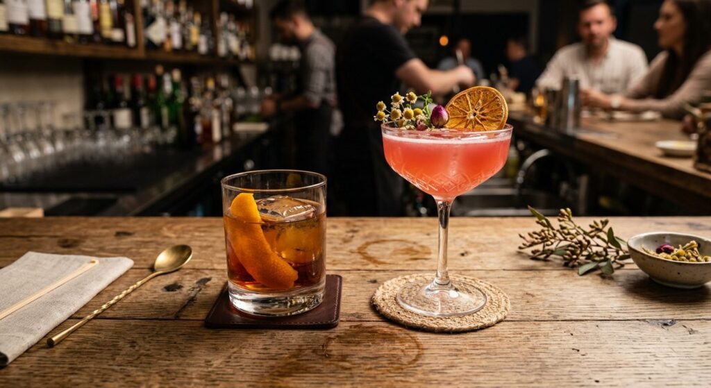 To forskellige cocktails på baren – en klassisk og en moderne kreation