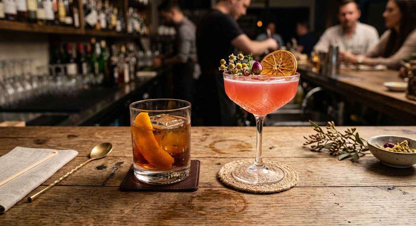 To forskellige cocktails på baren – en klassisk og en moderne kreation