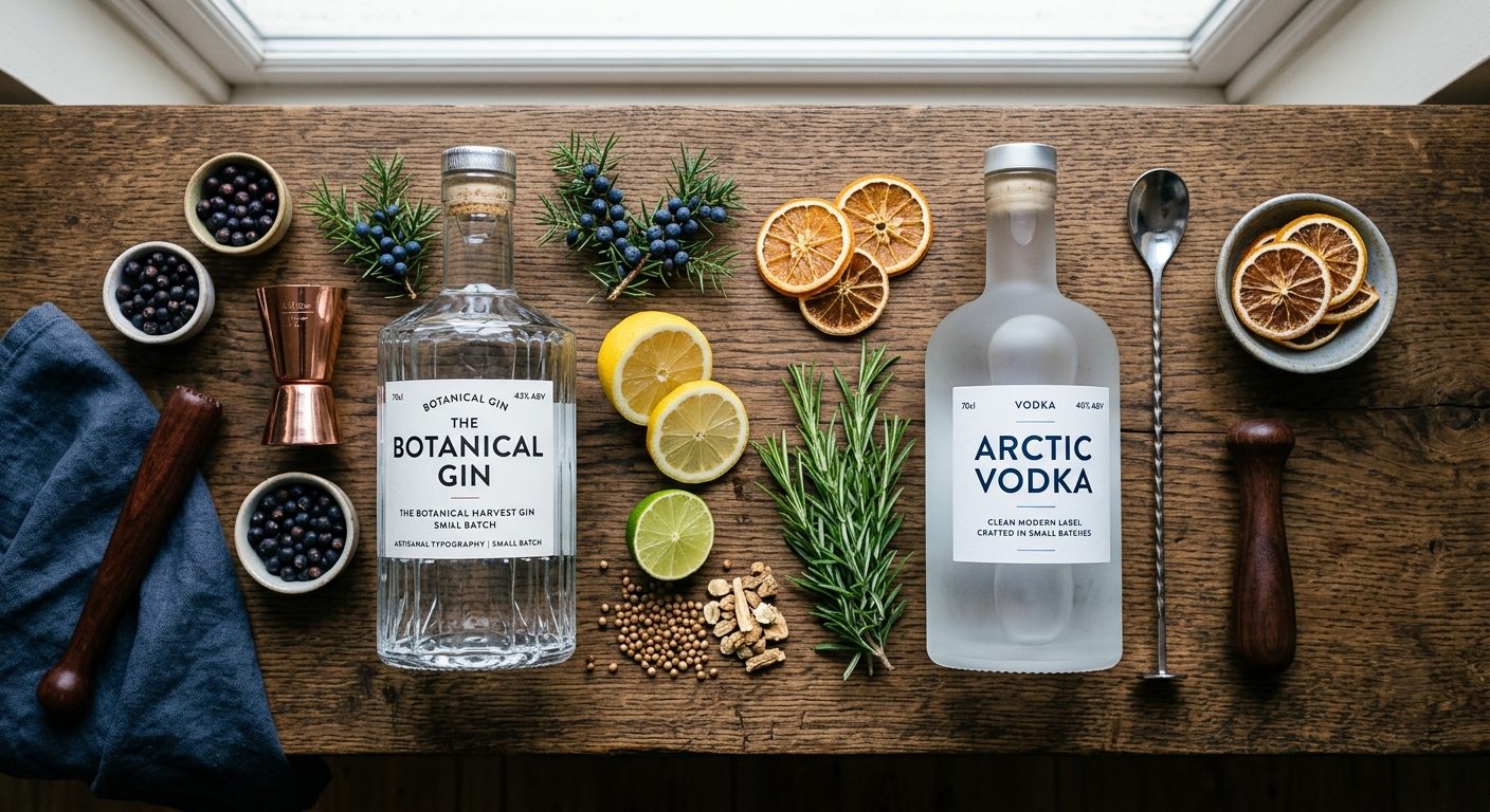 Sammenligning af gin og vodkaflasker ved siden af hinanden med botanikker på bartop