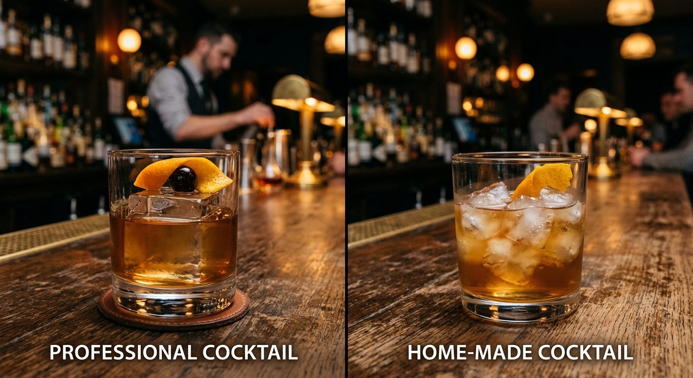 Professionelt lavet cocktail på bar sammenlignet med hjemmebaret drik, der viser forskel på iskvalitet og presentering