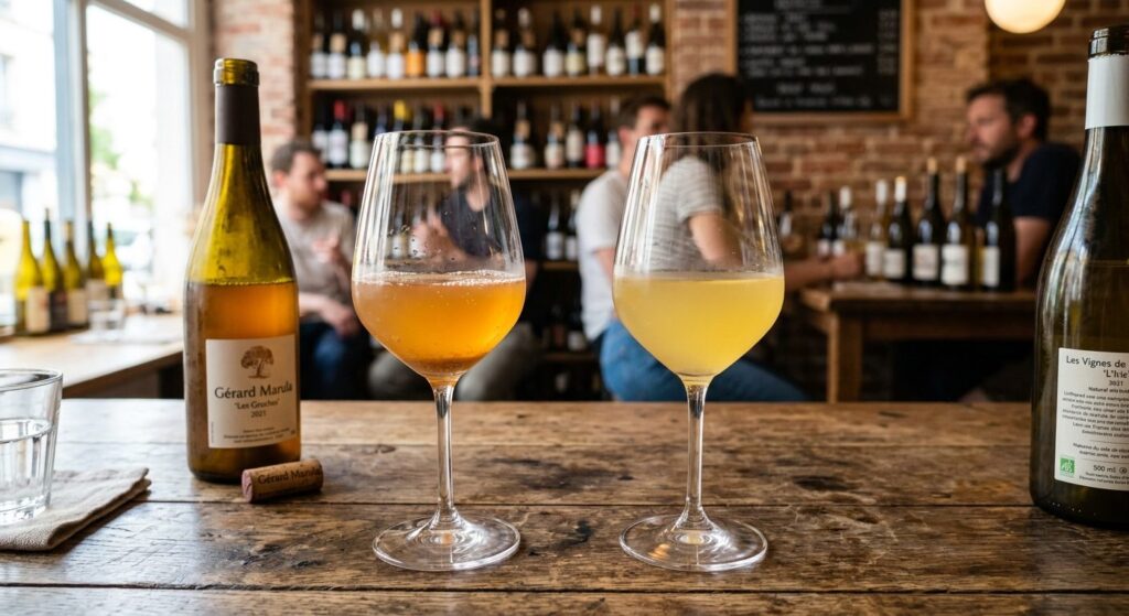 Naturvin og orange wine i glas ved siden af hinanden, der viser farveforskellen mellem de to vintyper