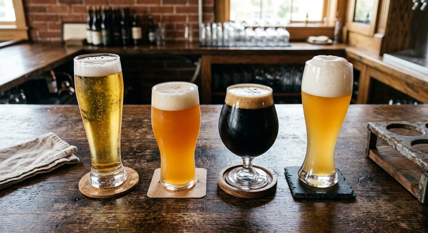 Forskellige ølglas fyldt med varierede øltyper på en bartop, der viser glas til pilsner, IPA og stout