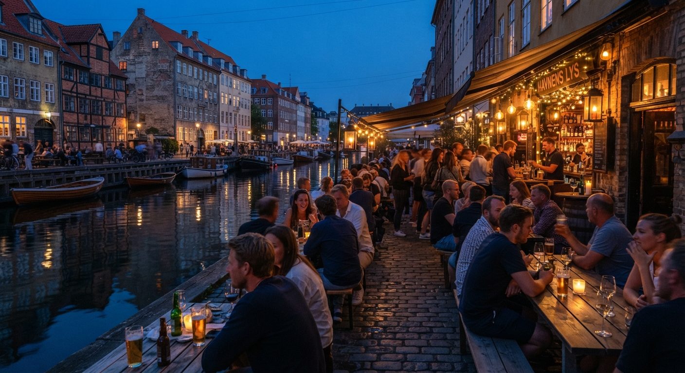 Hyggelig bar ved kanalen på Christianshavn med gæster der nyder en drink om aftenen