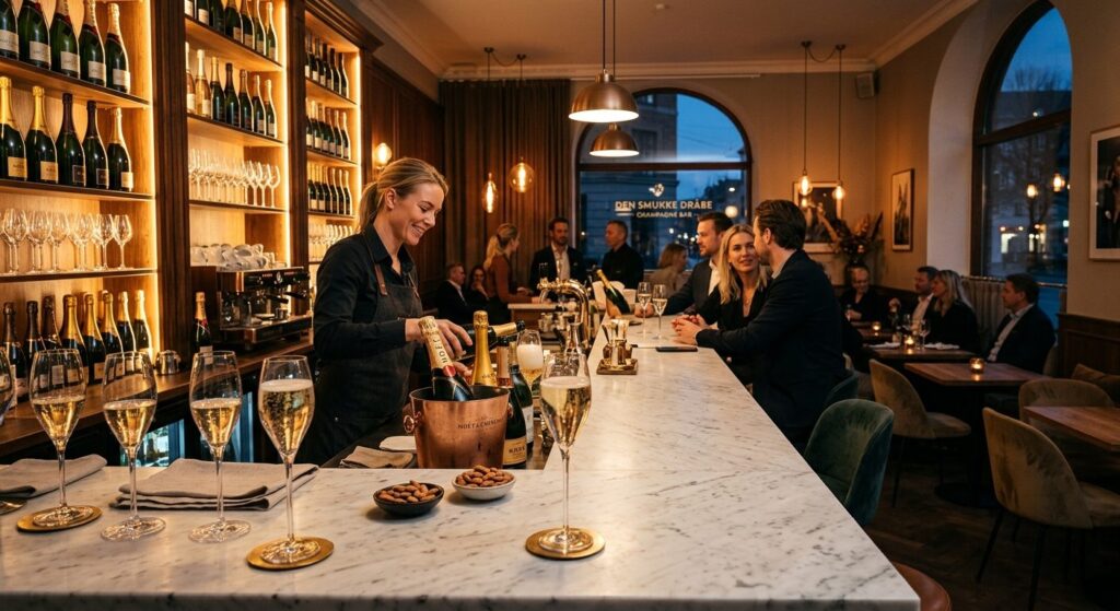 Elegant champagnebar i København med glas champagne på disken