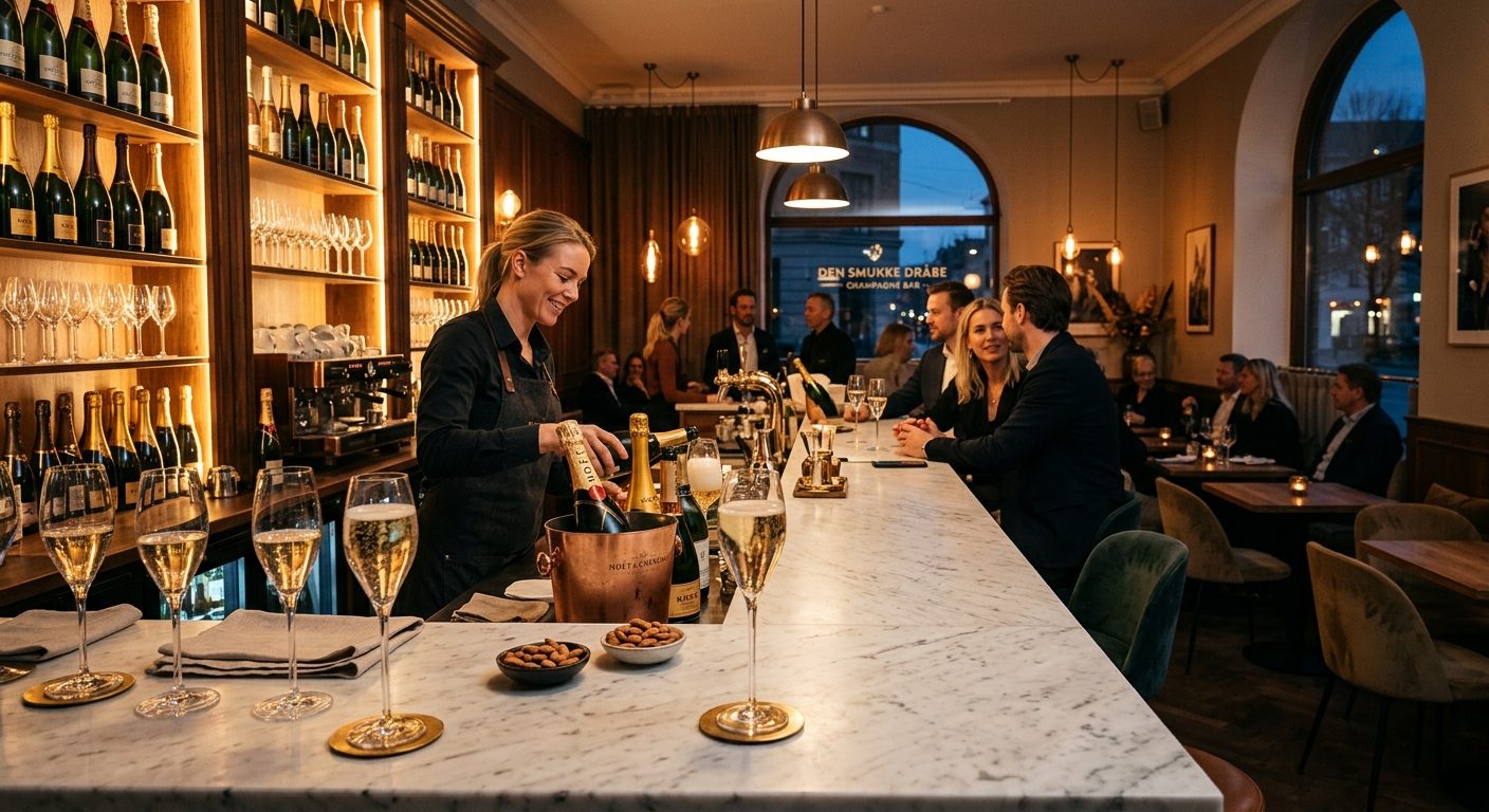 Elegant champagnebar i København med glas champagne på disken