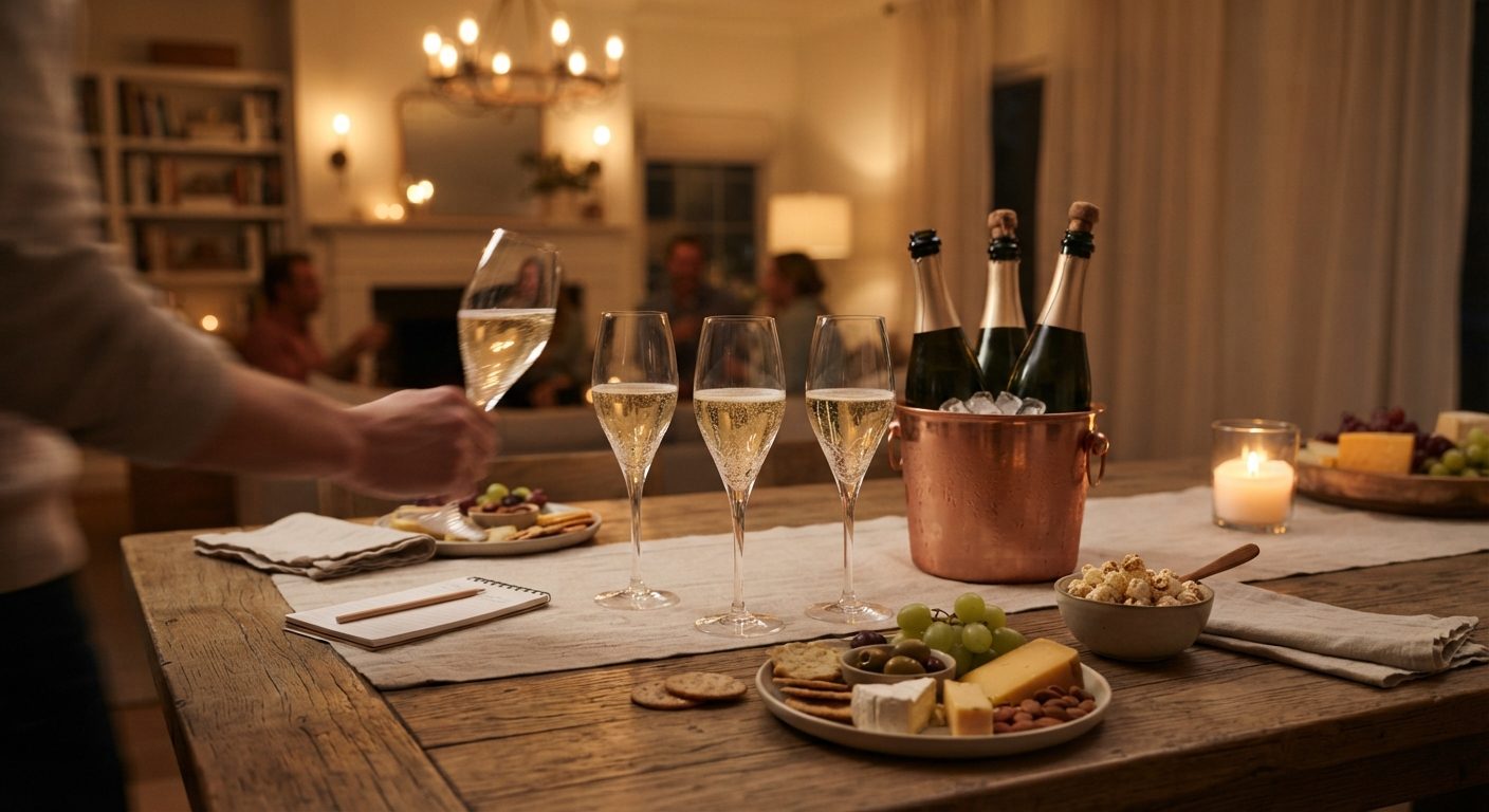 Opdækket bord til champagnesmagning derhjemme med flere glas og flasker