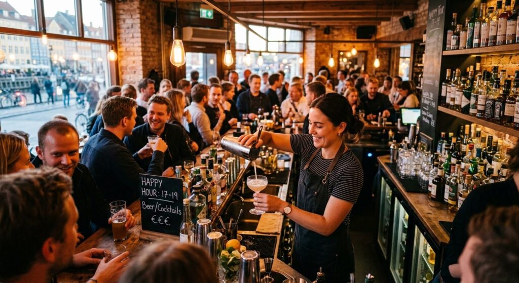 Bartender hælder drinks op under happy hour på en bar i København