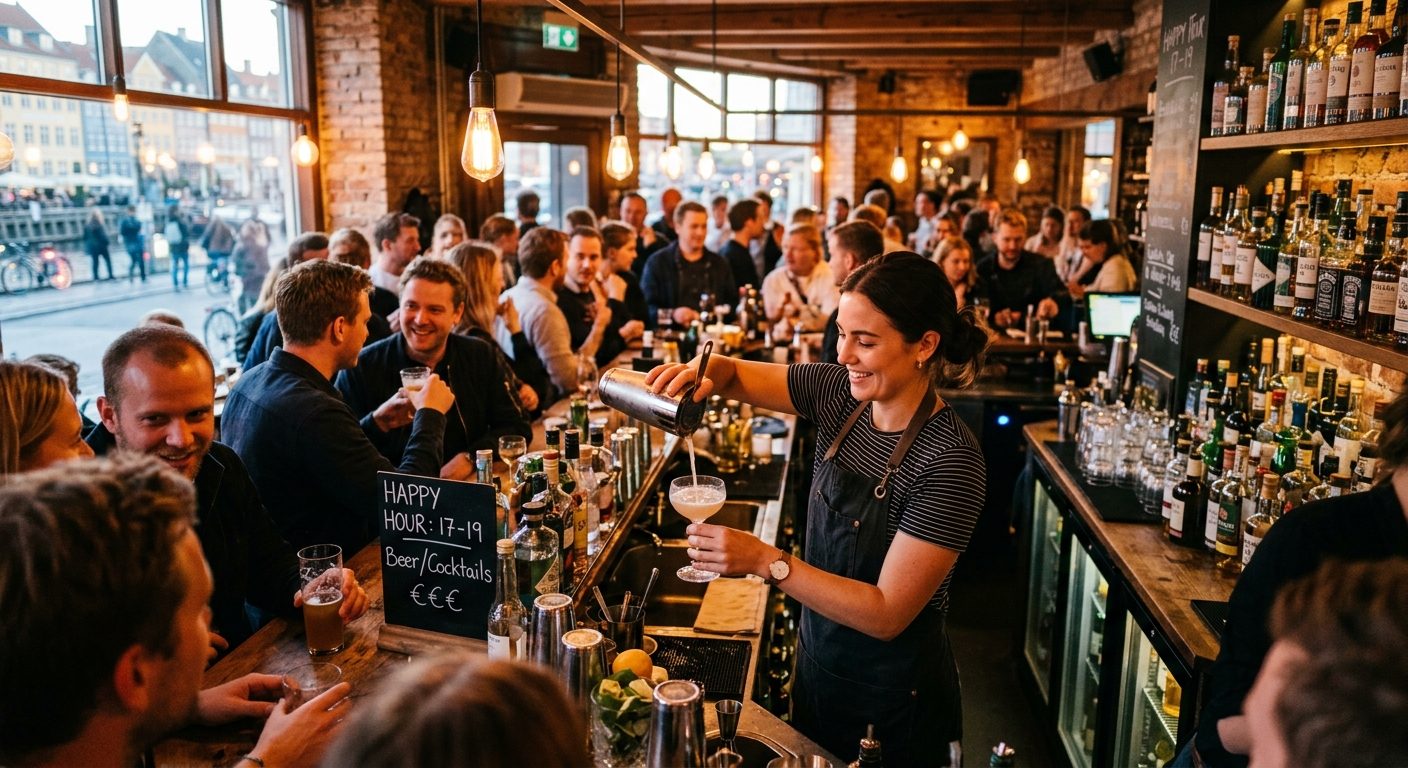 Bartender hælder drinks op under happy hour på en bar i København