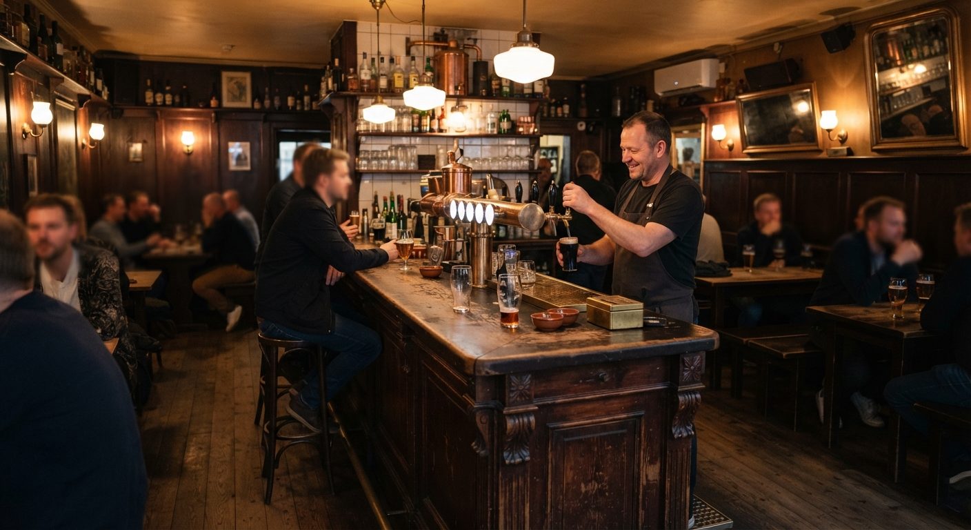 Hyggelig pub i København med træbord og øltaps ved baren