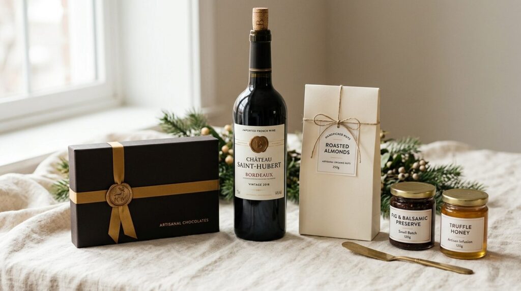 Close-up product photography of a premium gourmet gift selec