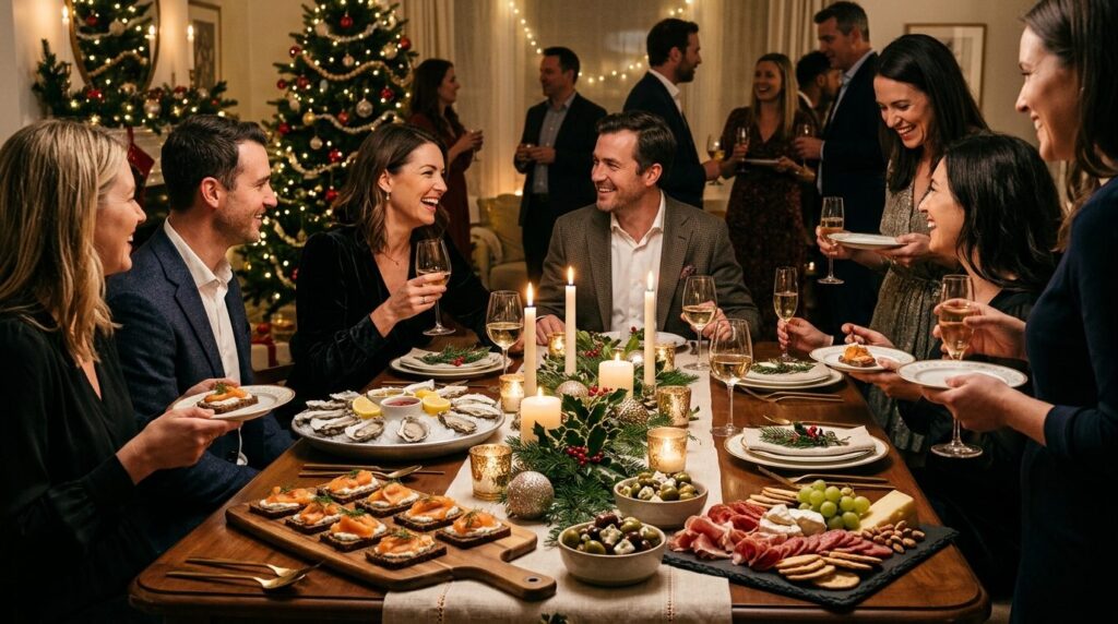 Festive Christmas party scene showing guests mingling at a d