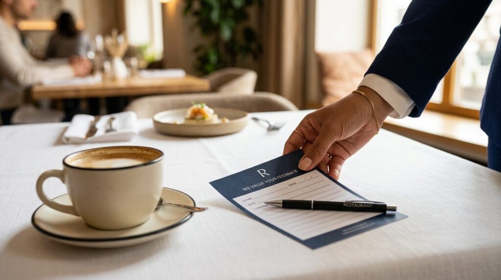 Close-up of a restaurant hosts hand placing a feedback form