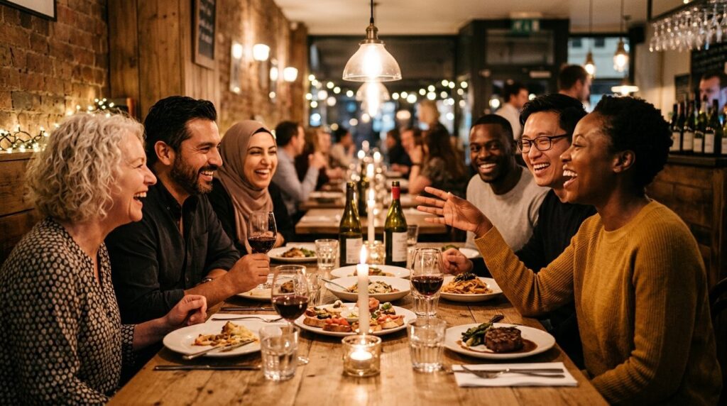 Diverse group of happy restaurant guests laughing together a