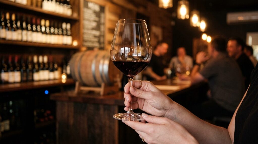Close-up of hands holding a beautiful wine glass during a ta