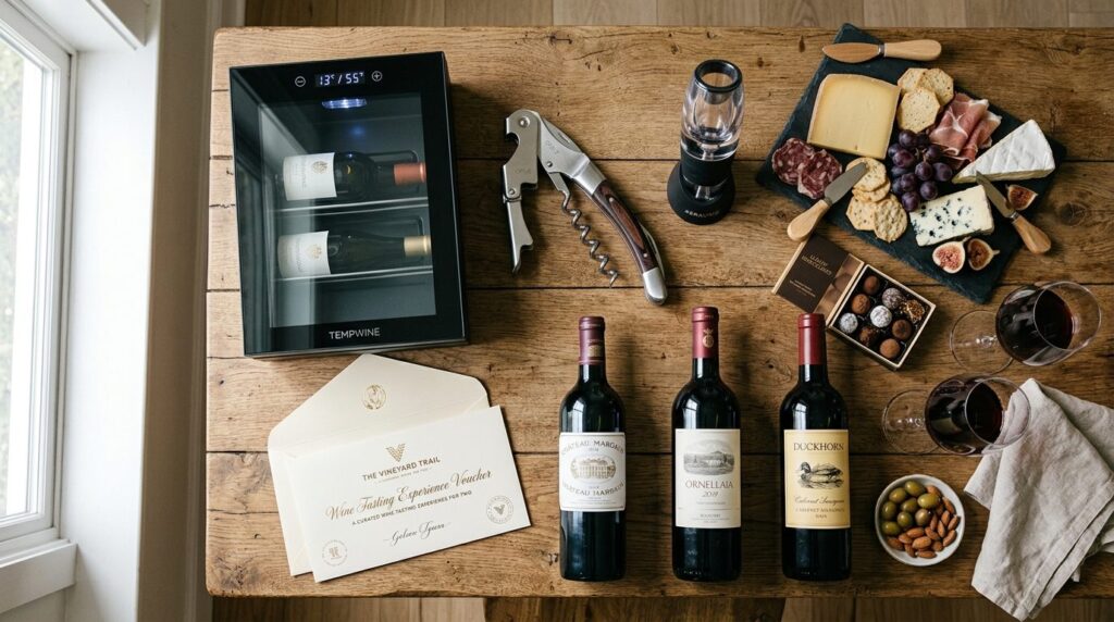 A curated display of wine gift ideas including a premium cor