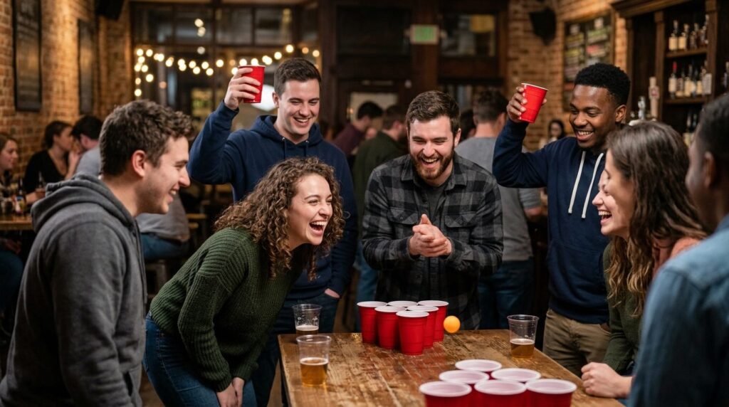 Photorealistic image of a group of young adults laughing tog