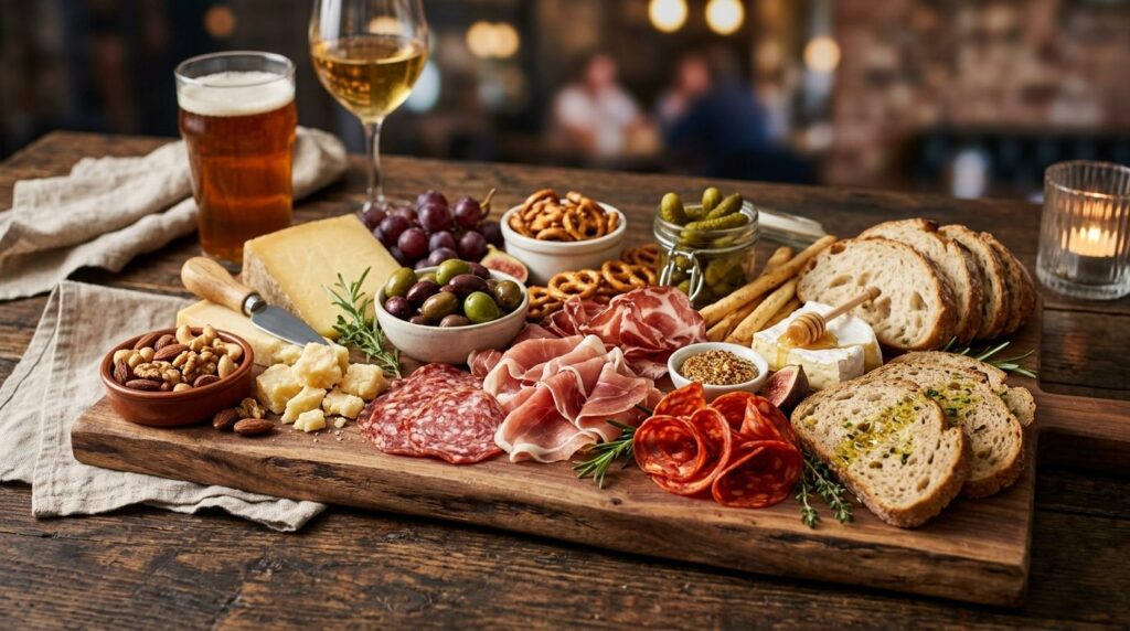 High-quality food photography of gourmet bar snacks and fing