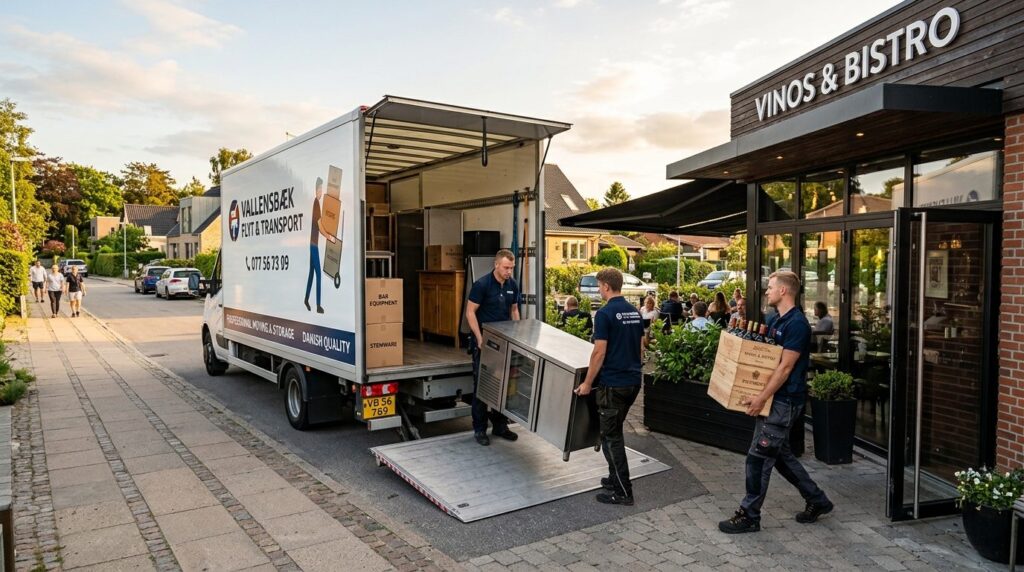Wide-angle view of a professional moving truck backed up to 