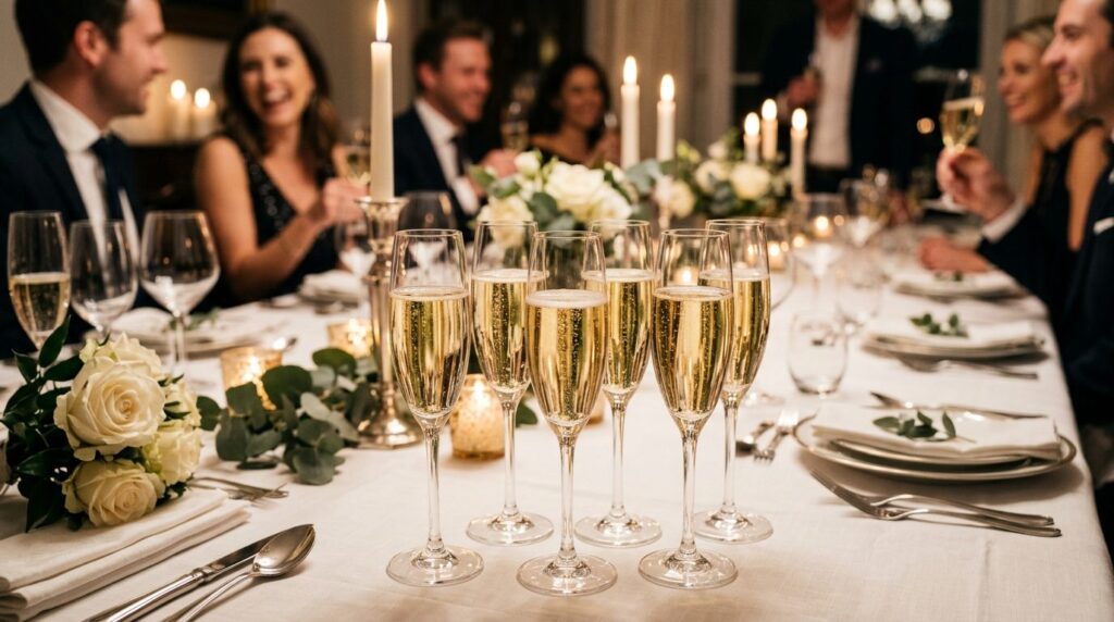 Upscale dinner party scene with multiple champagne glasses f