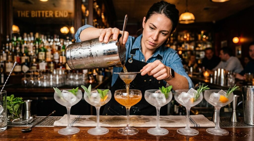 Close-up action shot of a skilled bartender pouring a batch 
