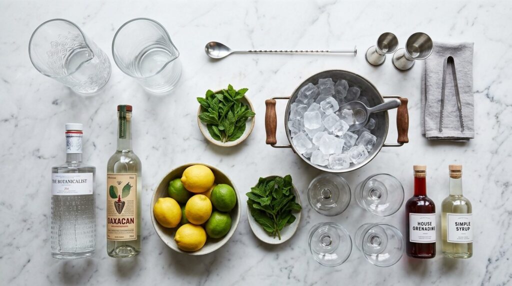 Flat lay composition of batch cocktail preparation ingredien