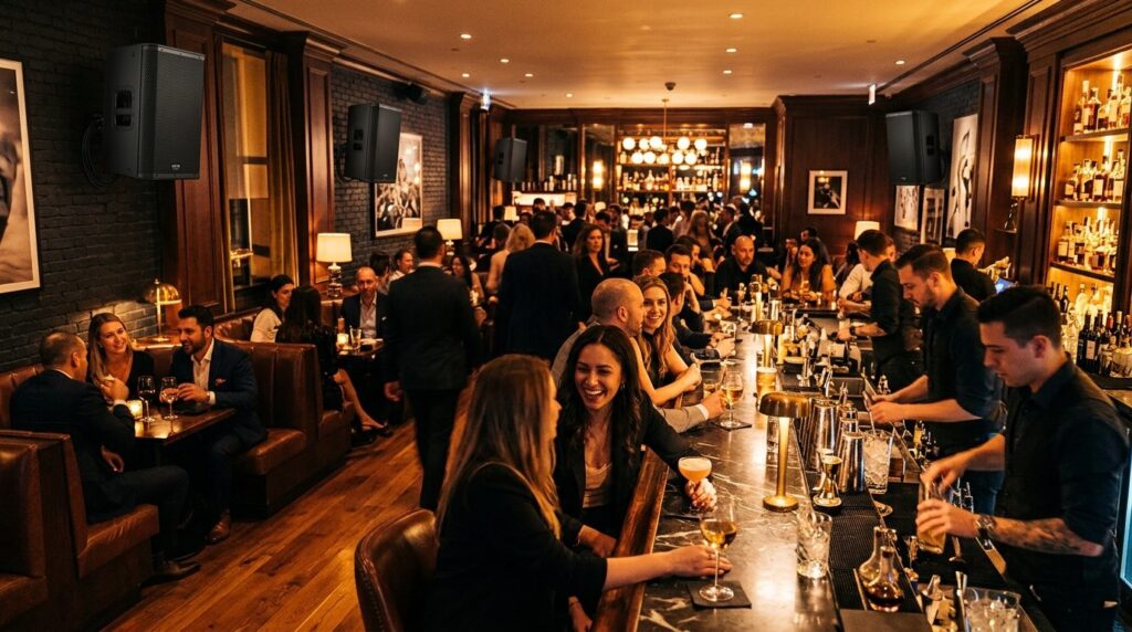 Upscale bar interior during evening service with visible pro