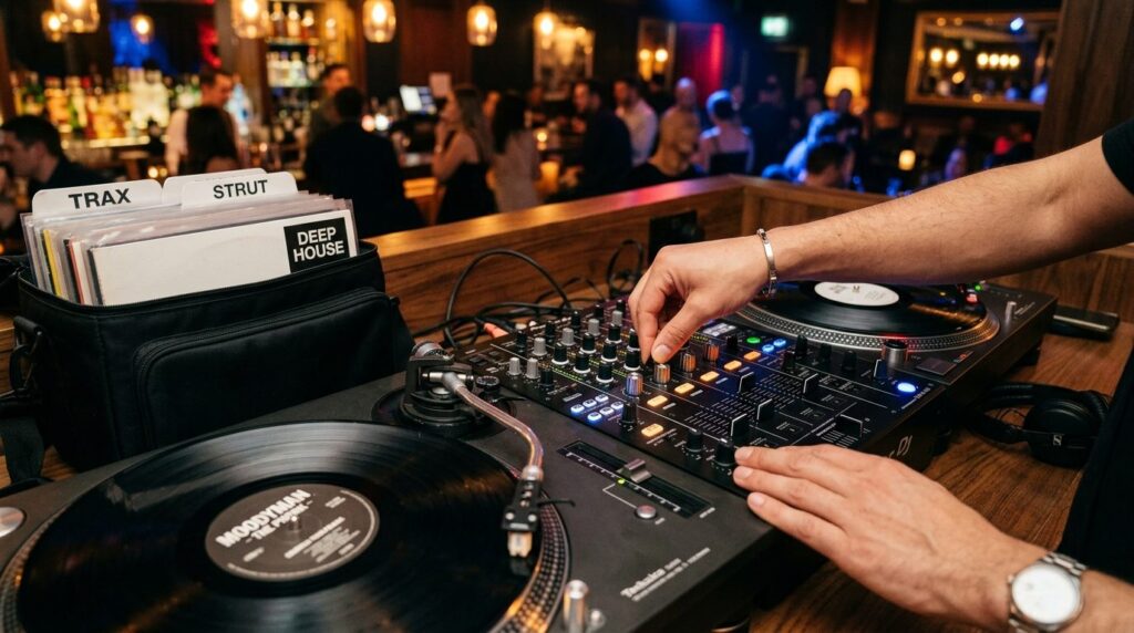 Close-up of professional DJ mixer and turntable equipment in
