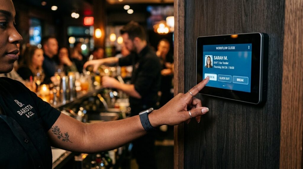 Close-up photorealistic shot of a bartenders hand clocking