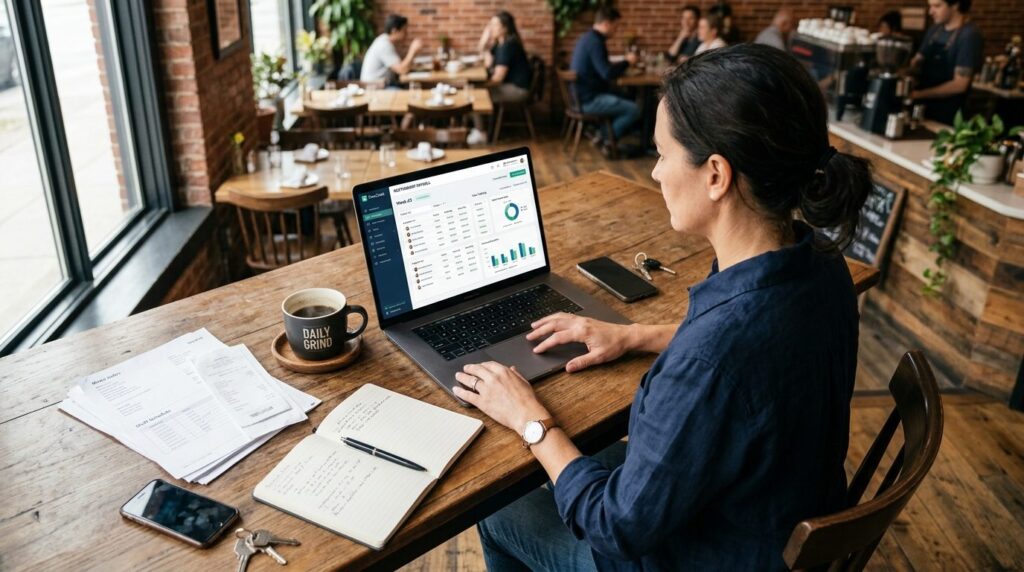 Realistic overhead shot of restaurant owner at desk with lap