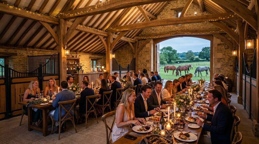 Wide-angle professional photograph of guests enjoying a soph