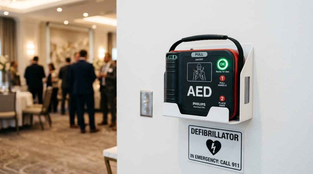 Close-up detail shot of a sleek AED defibrillator device wit
