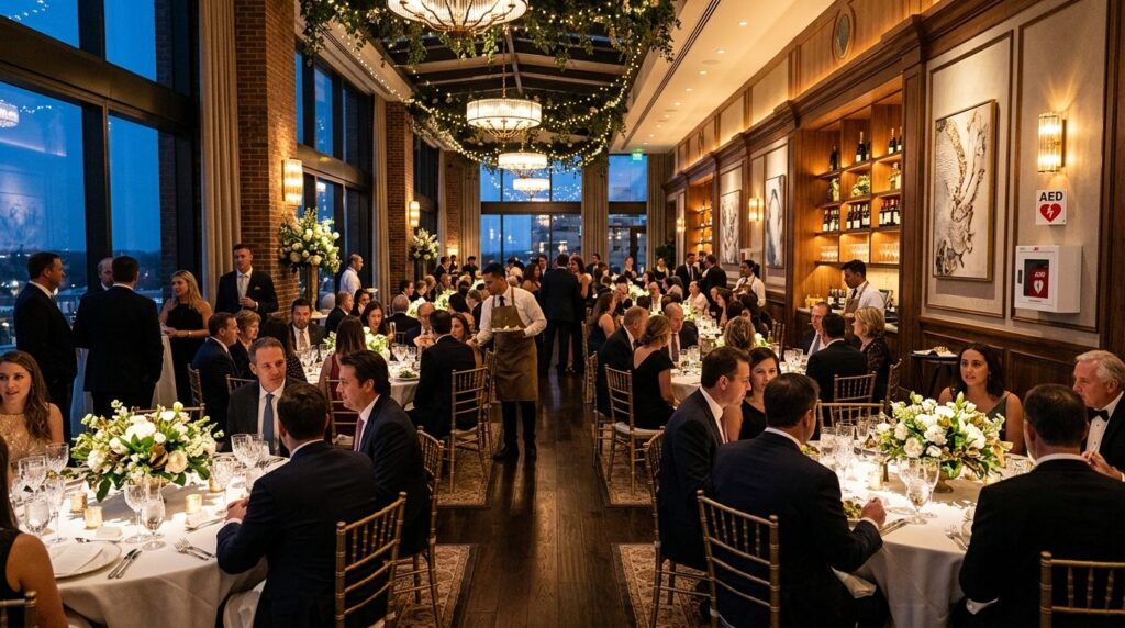 Wide event venue interior photograph showing an upscale rest