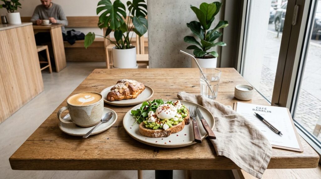 Overhead flat lay photography of a casual Berlin café table 
