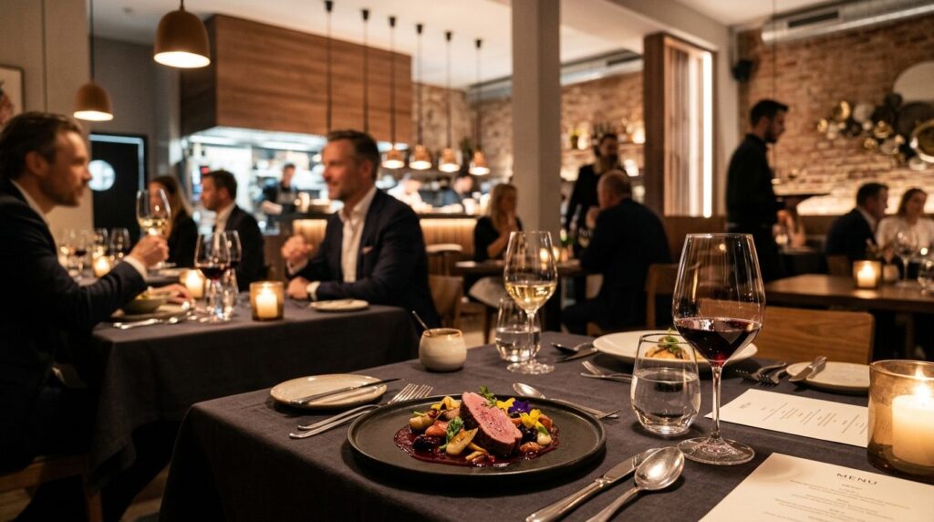 Interior photograph of an upscale Berlin restaurant with ele