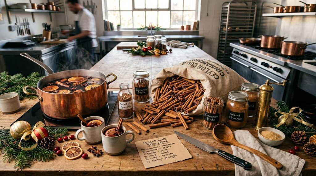 Styled flatlay of bulk cinnamon in professional kitchen sett