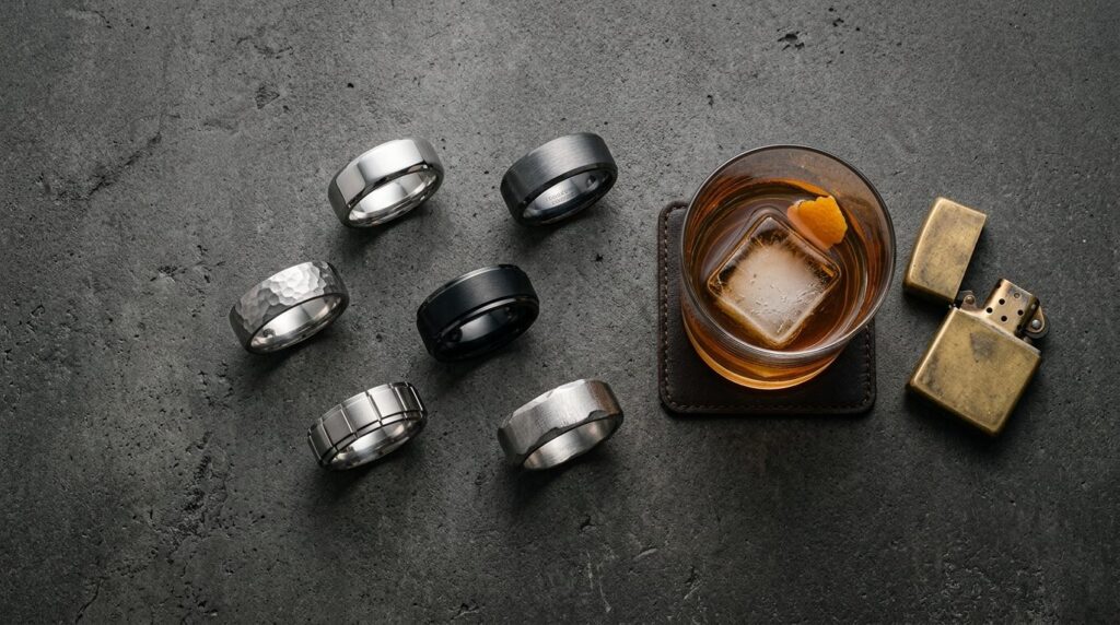 Overhead flat lay composition of mens rings in various dura
