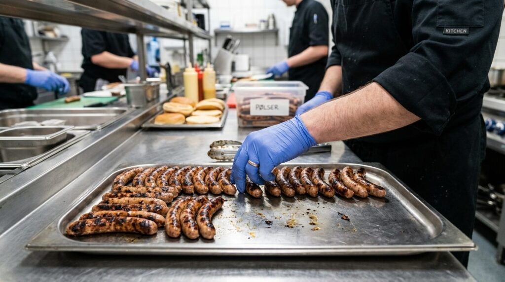 Close-up of a restaurant chefs hand portioning and counting