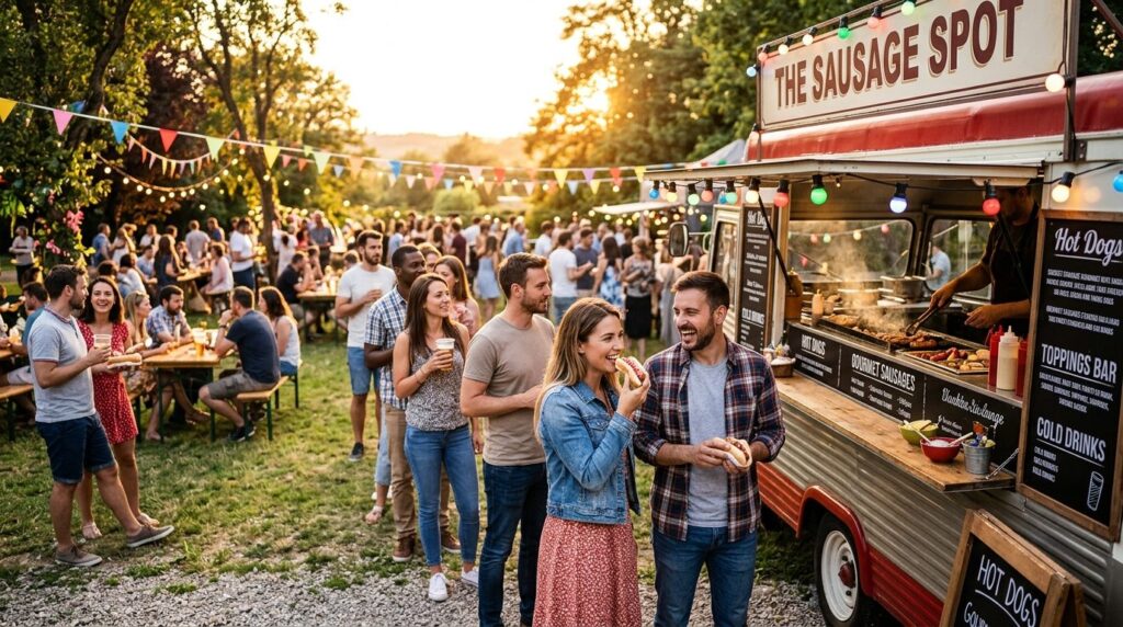 Wide-angle shot of a casual outdoor summer party with guests