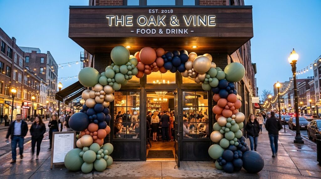 Wide angle street-level view of a bars outdoor entrance are