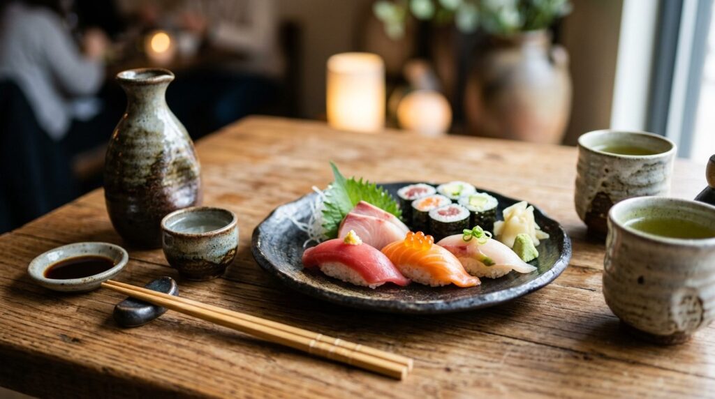 Close-up professional food photography of elegant Japanese c