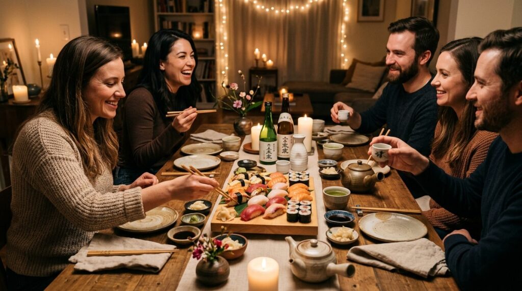 Lifestyle photograph of friends enjoying an intimate Japanes