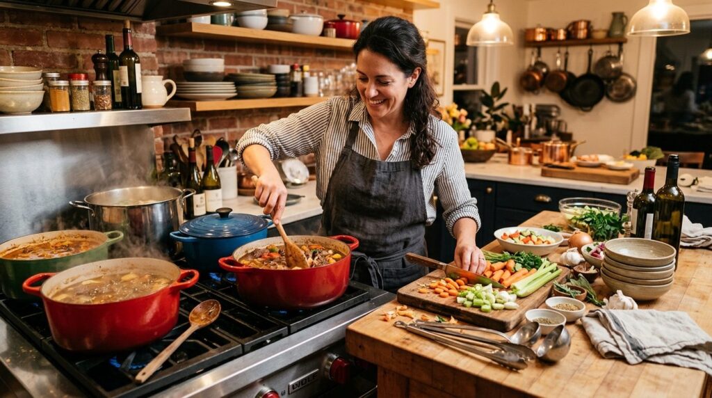 Realistic kitchen scene of a host confidently preparing mult