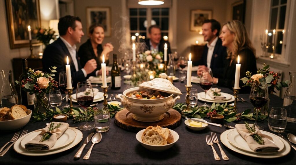 Elegant dinner table setting with a large tureen of steaming