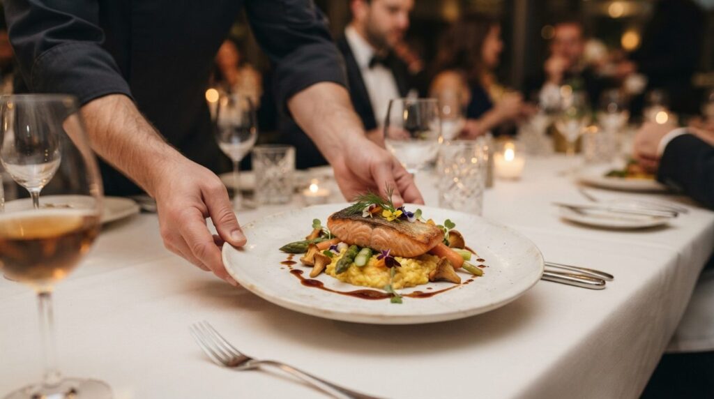 Close-up of a carefully curated gourmet plated dish being se