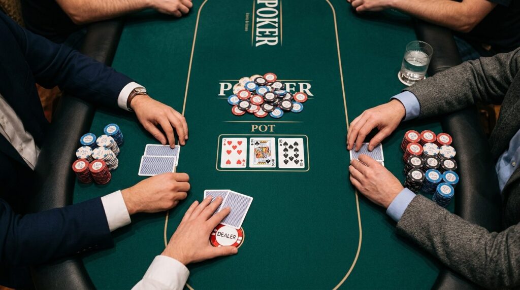 Close-up overhead view of poker table during active gameplay