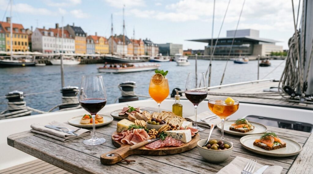 Close-up of a wooden table on a sailing yacht with gourmet a