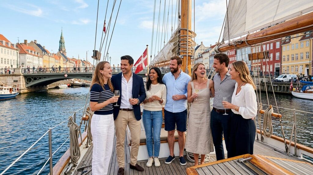 Dynamic group of friends laughing and mingling on a sailboat