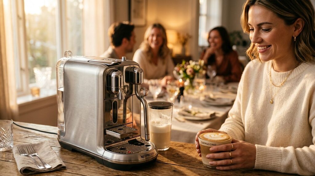 Close-up shot of a sleek stainless steel capsule coffee mach