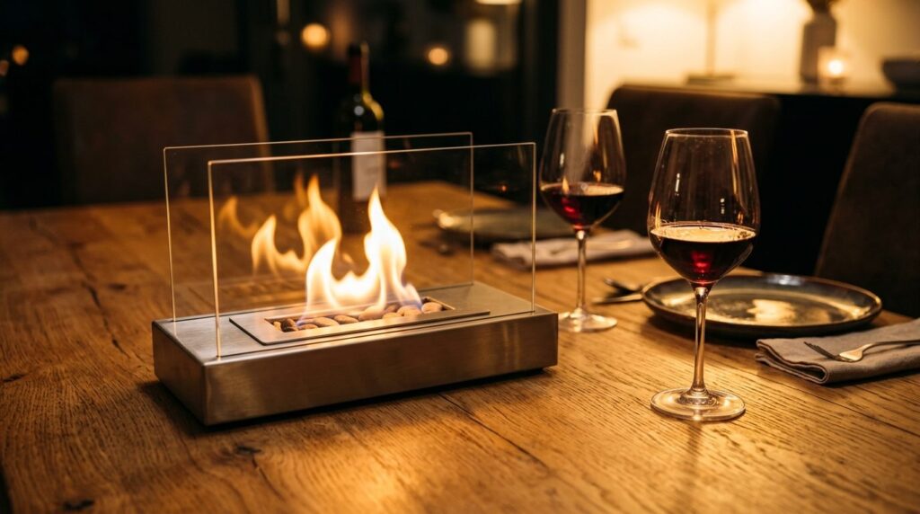 Close-up of a modern portable tabletop bioethanol fireplace