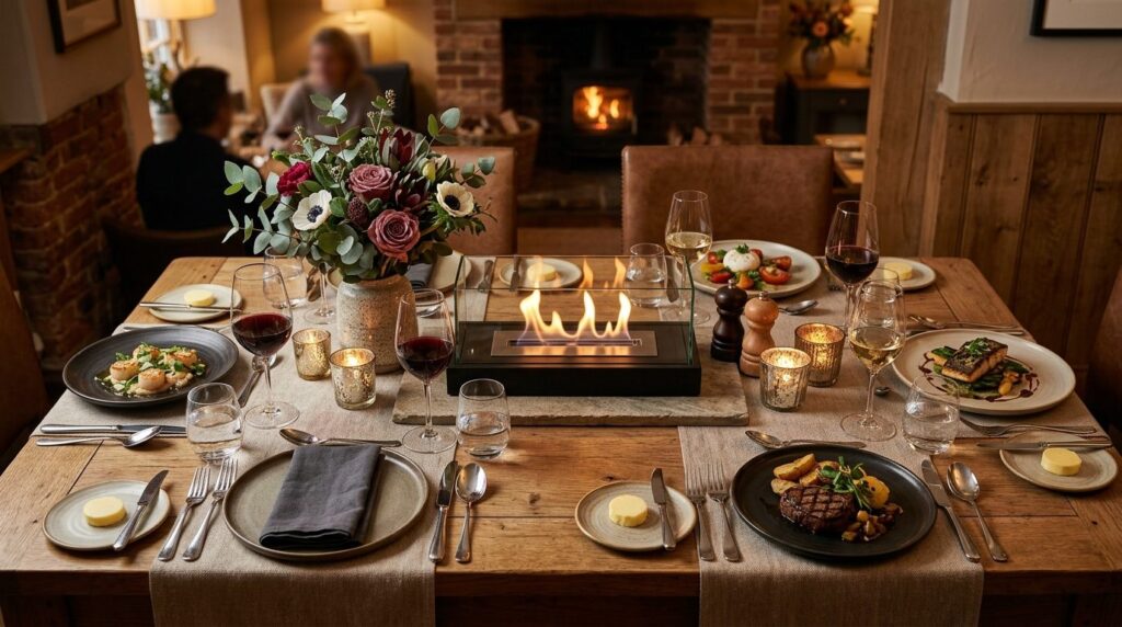 Overhead shot of a beautifully arranged restaurant-style din
